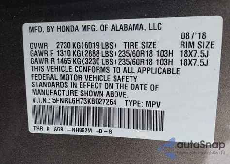 2019 Honda Odyssey Ex-L z USA, uszkodzony, nr VIN 5FNRL6H73KB027264